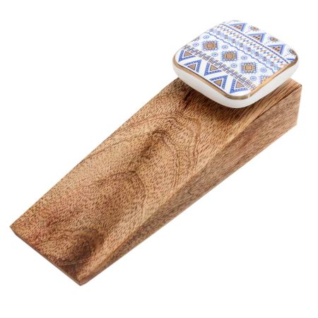 Blue Border Design Square Ceramic Wooden Door Stoper